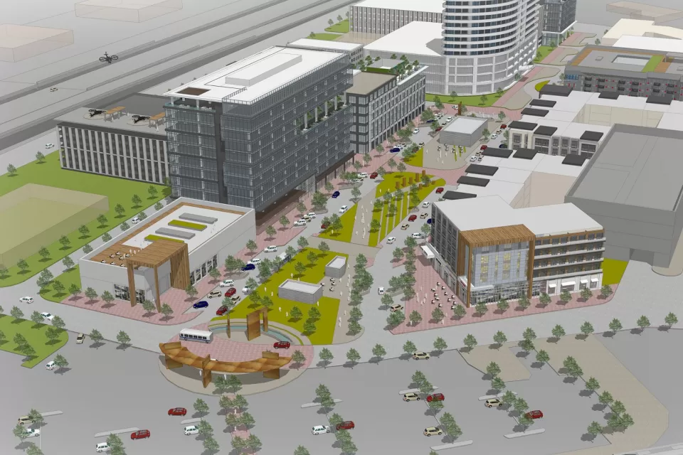 Rendering of Trinity Mills TOD project in Dallas, Texas with 5-story office building, park space, and residential multifamily units